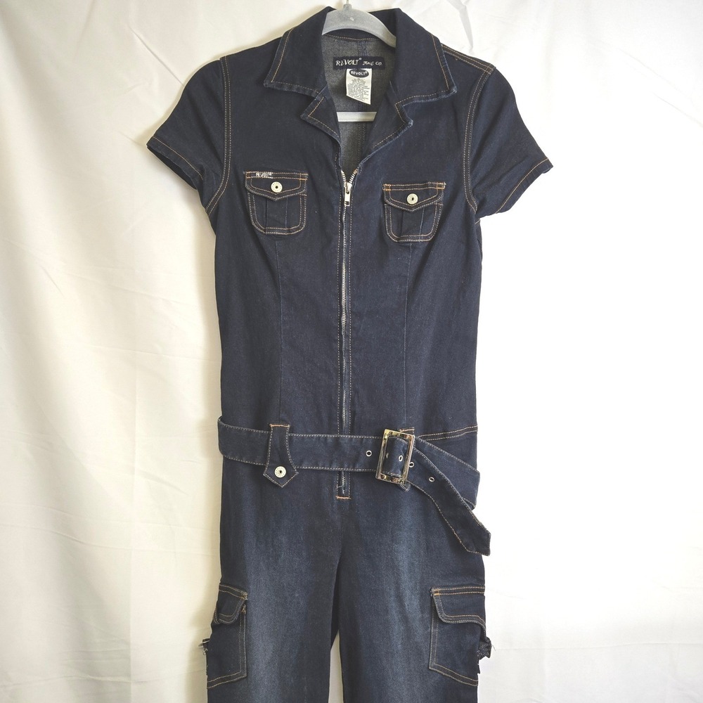 Revolt Jeans Co Denim Belted Zip Up One Piece Jumpsuit, Medium, Vtg 90s y2k